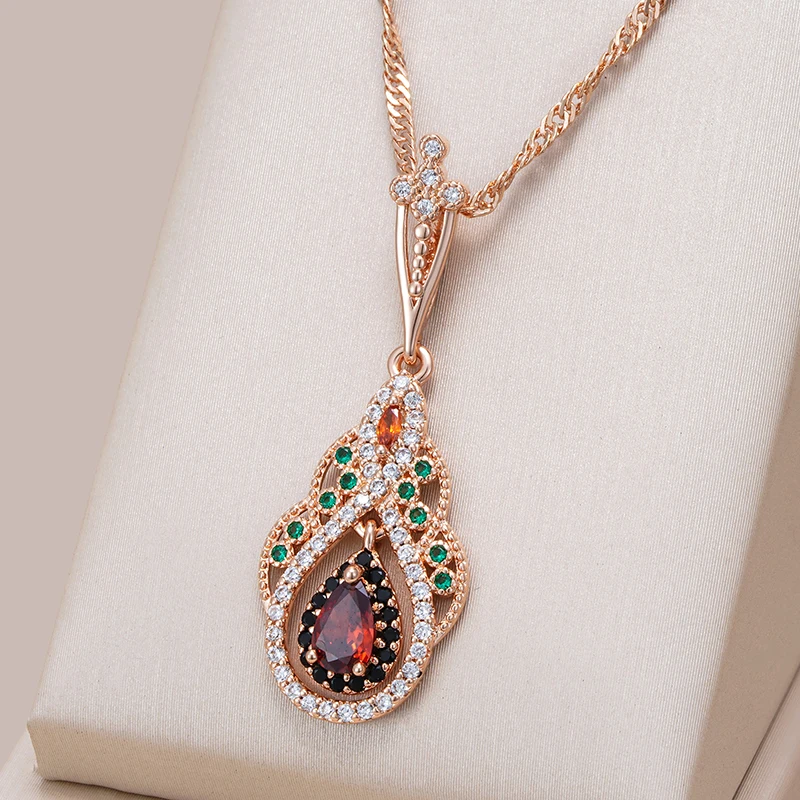 Kinel 2023 New 585 Rose Gold Color Crystal Flower Pendant Necklace for Women Red Natural Zircon Accessories Vintage Jewelry