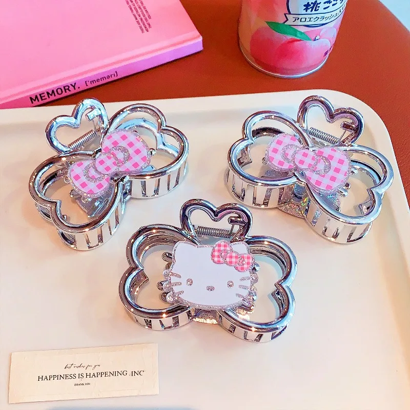 헬로 키티 카와이 상어 클립 패션 만화 소녀 하트 프리미엄 실버 보우 양면 그랩 클립 여성 액세서리 도매