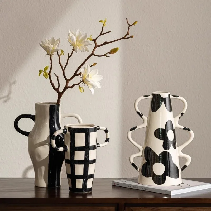 Ceramic Vase Geometric Check Pattern Flowerpot with Handle Flower Arrangement Accessories Terrarium Home Decoration