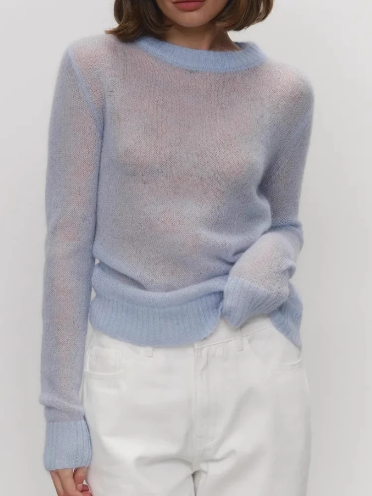 

Spring and Summer Women Fashion Loose Soft Base Casual Outerwear Sweater Solid Color Semi Transparent O-neck Knitted Sweater