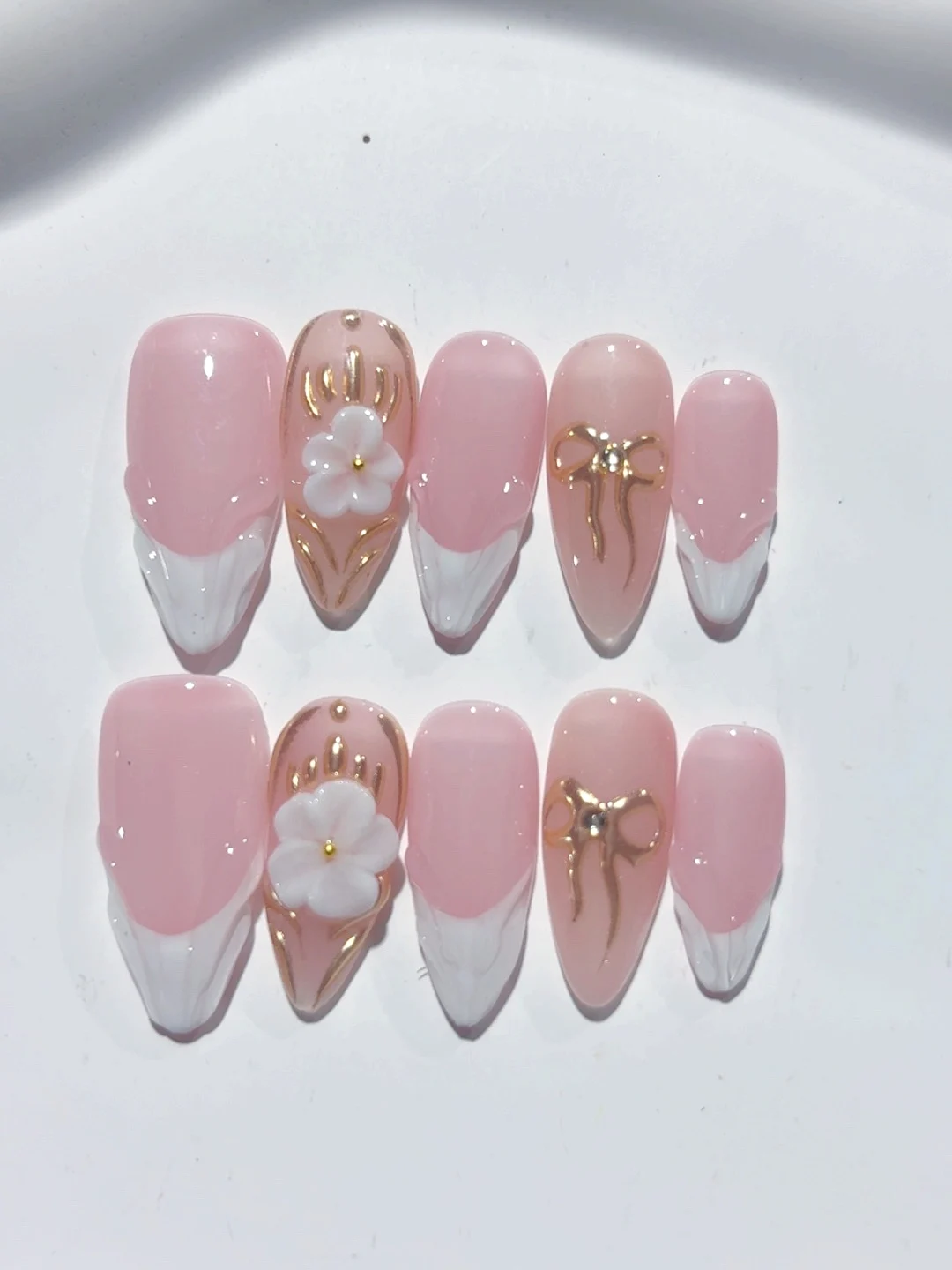 

French Pink Stereo Flower Simple Style Wearable Manicure (D377)
