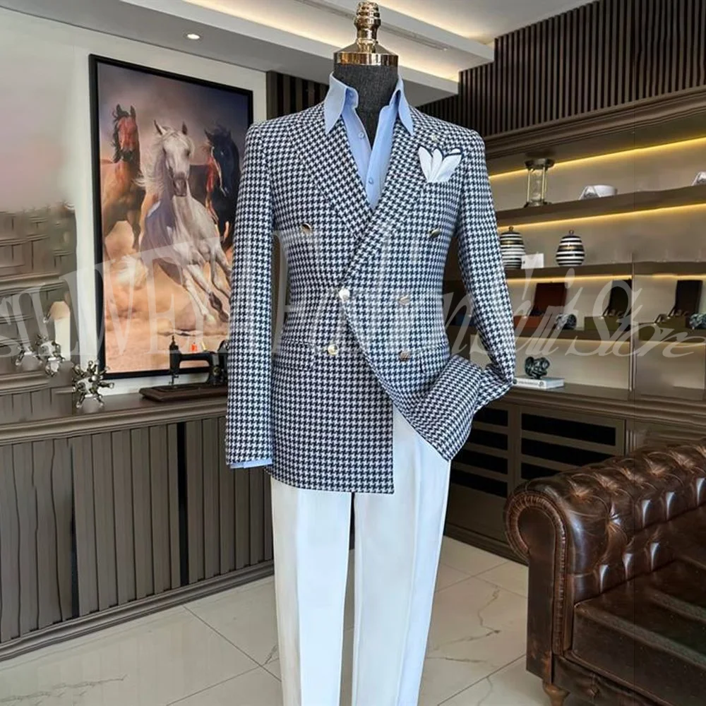 

Роскошный свадебный костюм по индивидуальному заказу для мужчин, комплект из 2 предметов, двубортный мужской пиджак с лацканами для жениха и узором «гусиные лапки», блейзер, брюки