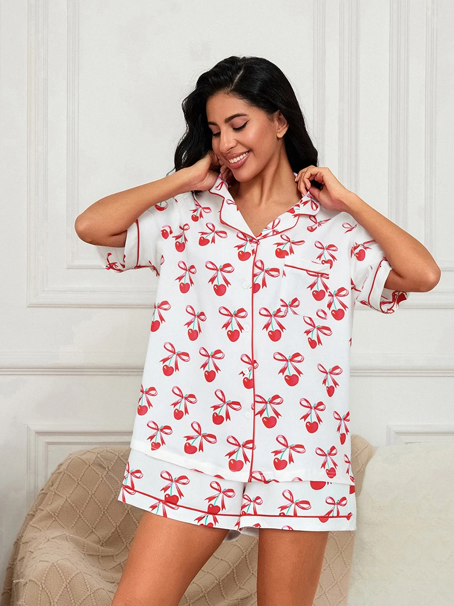 Valentine s Day Women s Pajama Set with Heart and Bow Print Short Sleeve Top and Shorts - Cozy Loungewear with Boots Design