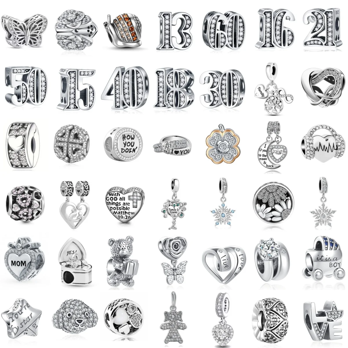 Charm 925 Silver 13 18 30 60 Digital Pentagram I ove you Moon Pendant, Suitable for Original Bracelets DIY Jewelry Accessories
