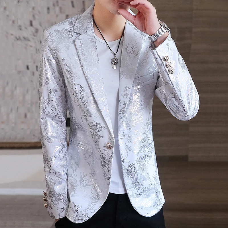 Punk Men Silver Floral Hot Stamping Single Button Casual Blazer 2022 Spring Notched Lapel Slim Suit Jacket White / Black