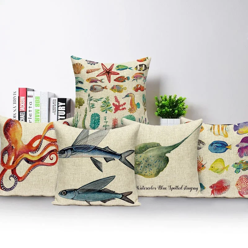 Marine Life Printed Cushion Cover Octopus Starfish Jellyfish Pillowcase Home Decor for Sofa Chair Bedroom Throw Pillow cover
