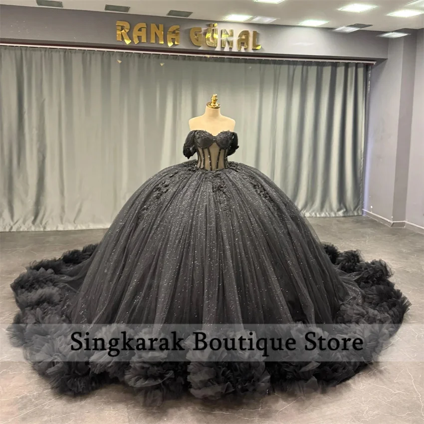 

Glitter Black Quinceanera Dress for Girls Off Shoulder Beading Appliques Pleat Tiered Vestidos De 15 Quinceanera Customized