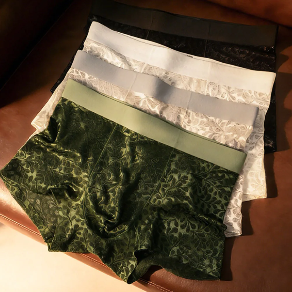 Men Jacquard Texture Boxer Shorts Quick Dry Briefs Mesh Lingeries For Man Translucent Erotic Underwear Soft Underpants Calcinha