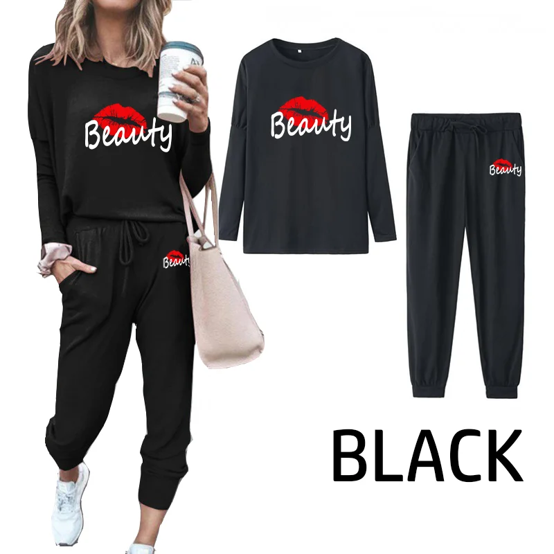 New Spring Autumn 2 Pieces Women Long Sleeve And Pants Casual Print Outfits Ladies Elegant Vintage Suit