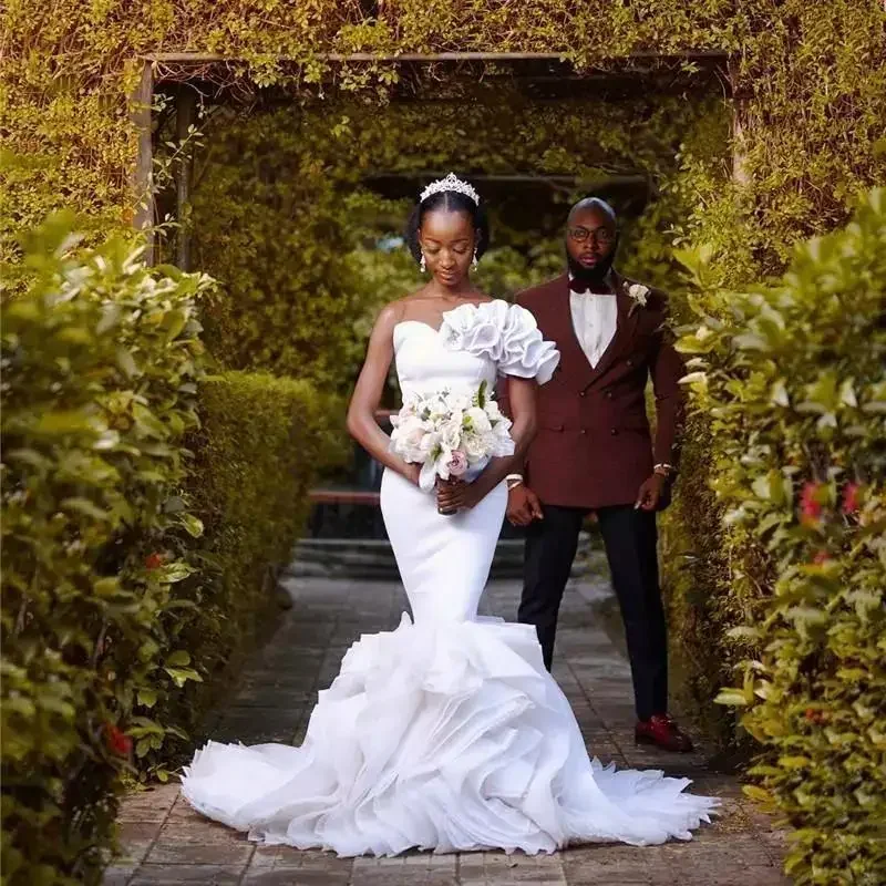 Customized Mermaid Dresses One Shoulder Ruffles Tiered Sweep Train Custom Made African Wedding Bridal Gown