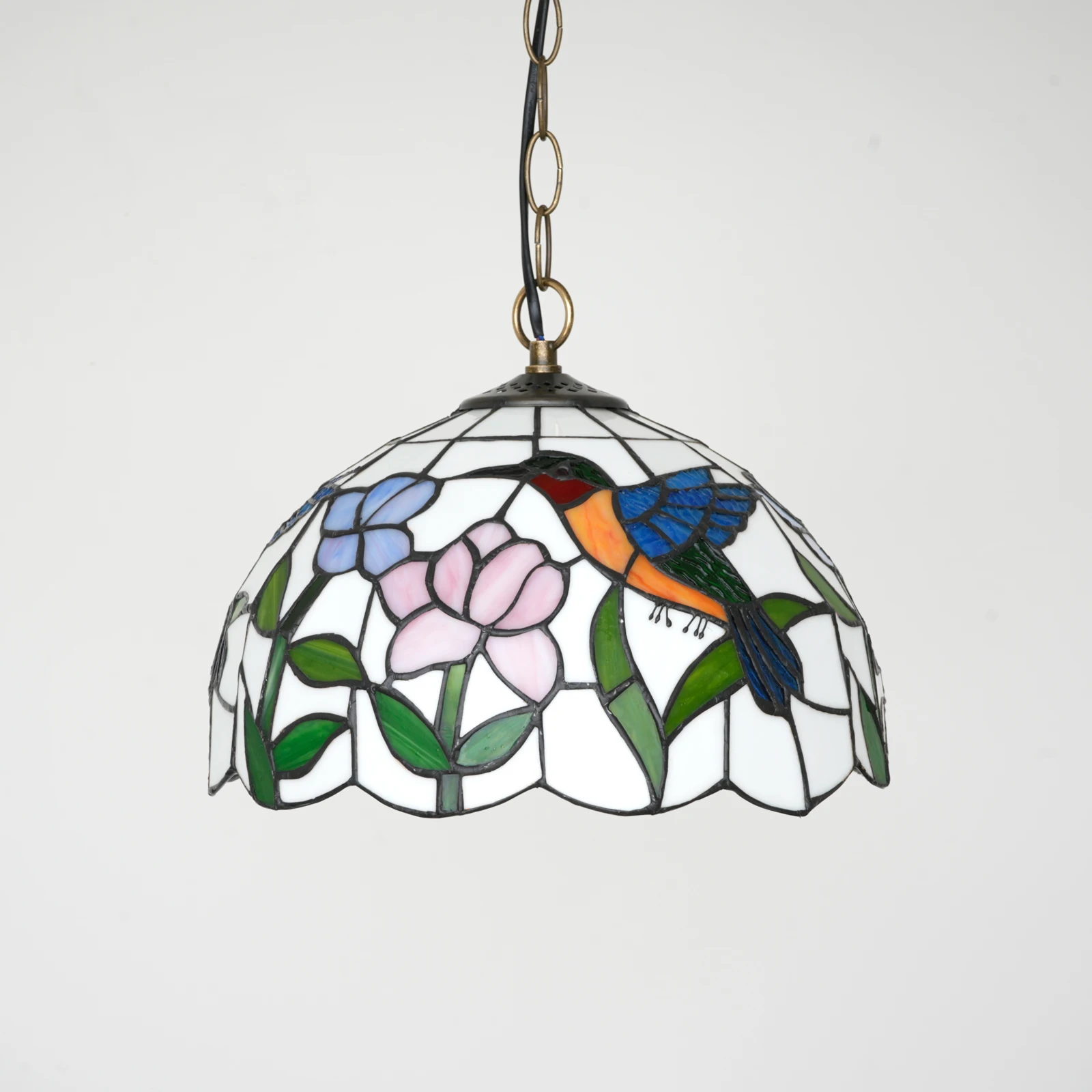 Hummingbird Flower Modern Style Stained Glass Ceiling Pendant Fixture with 12 Inch Wide Handmade Lampshade Chandelier