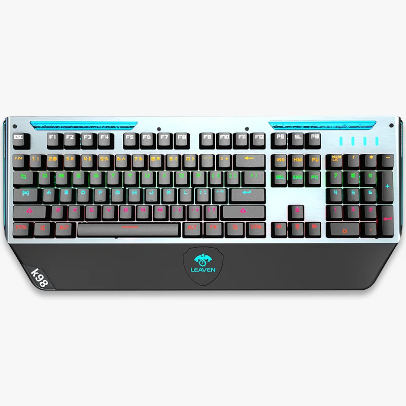New Arrival Blue Axis 104 Key USB Wired Gaming Mechanical Keyboard Wrist Rest With Metal Brushed Panel