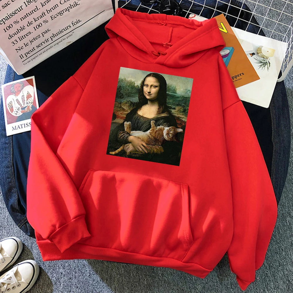 T Shirts Mona Lisa Hugging Cat Kawaii Women Hoodies Cartoon Pocket Pullover Oversize Loose Sweatshirt Fleece Soft Hoodie Woman