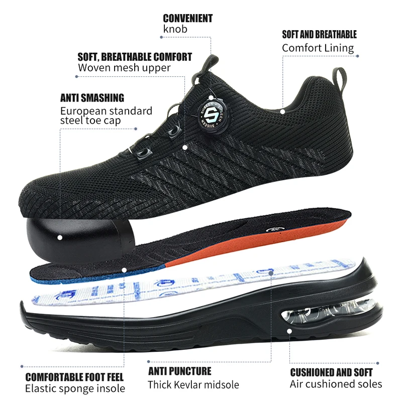 Men's Safety Shoes Work Sneakers Steel Toe Shoes Rotating Button Lightweight Protection Shoes Puncture-Proof Work Boots Men