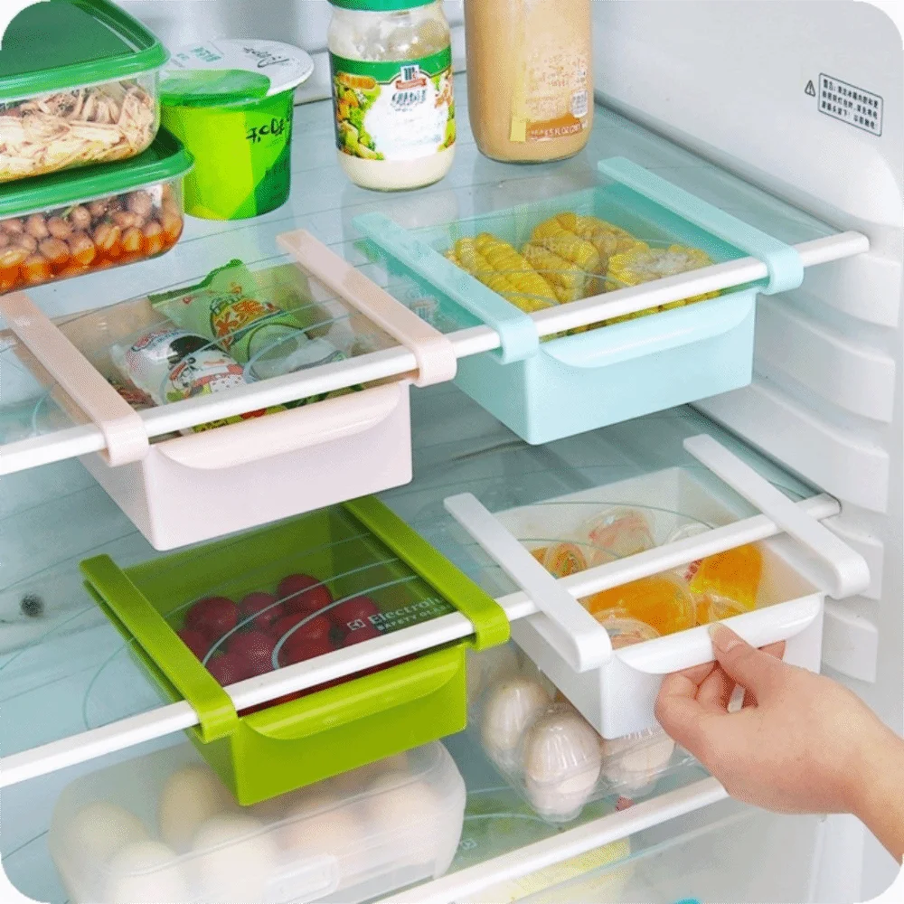 PP Refrigerator Storage Box Sliding Pull-Out Blue Pink White Plastic Storage Bins Kitchen Organizer Rack Fruit Vegetable Basket