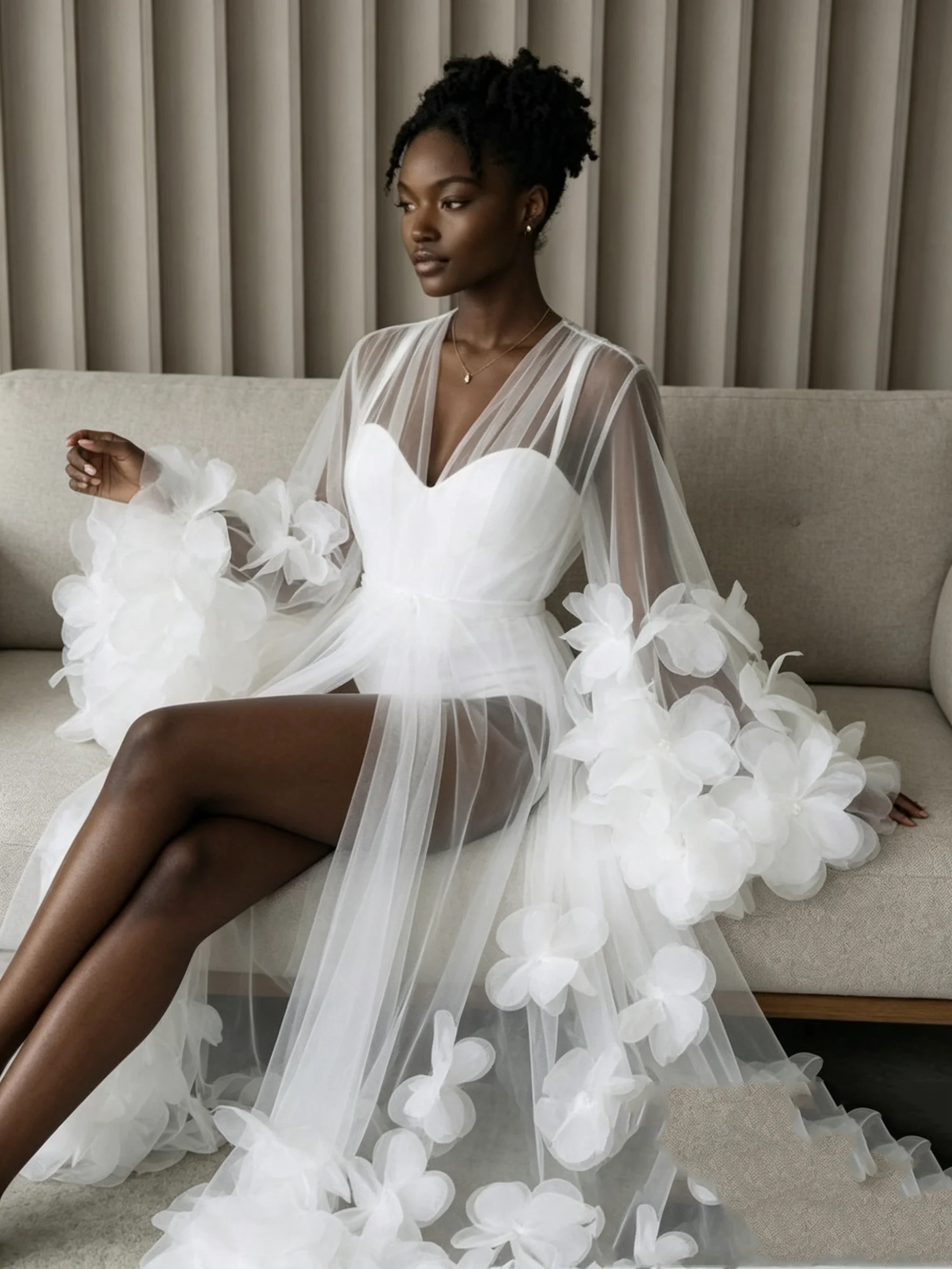 

White Floral Woman Prom Dress For Photoshoot Sexy Tiered Tulle Sheer FBridal Morning Robes Night Gown Sleepwear Customized