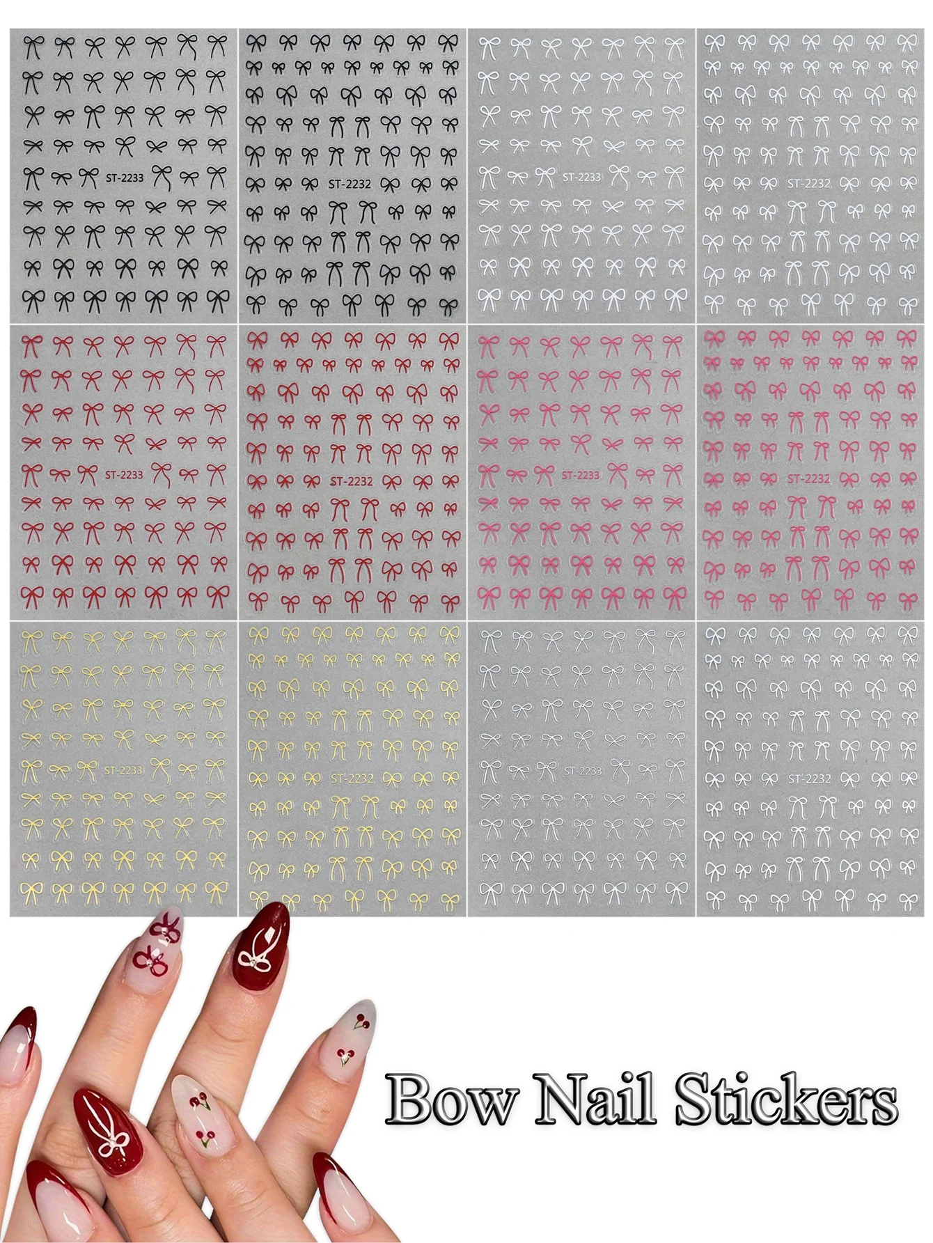 6/12/18/24/30 Sheets Bowknot Nail Stickers Cute Ribbon Design Self Adhesive Colorful Nail Art Decals DIY Manicure Decoration