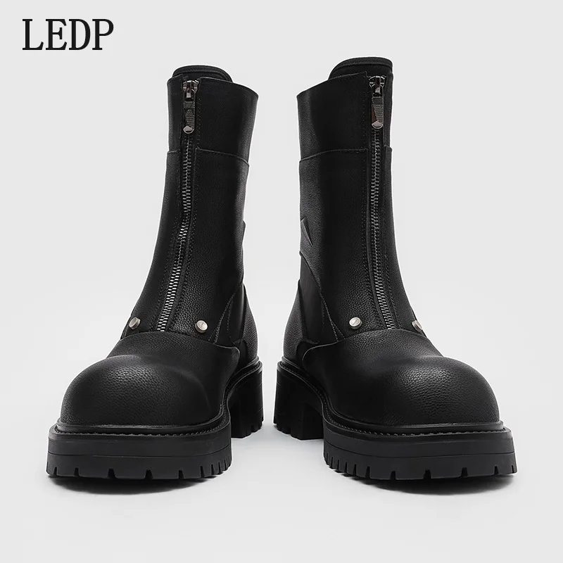 

LEDP Platform High-heeled Chelsea Short Boots in 2025 Autumn New Style Rivets and Stitching Design, Fashionable Boots for Men.