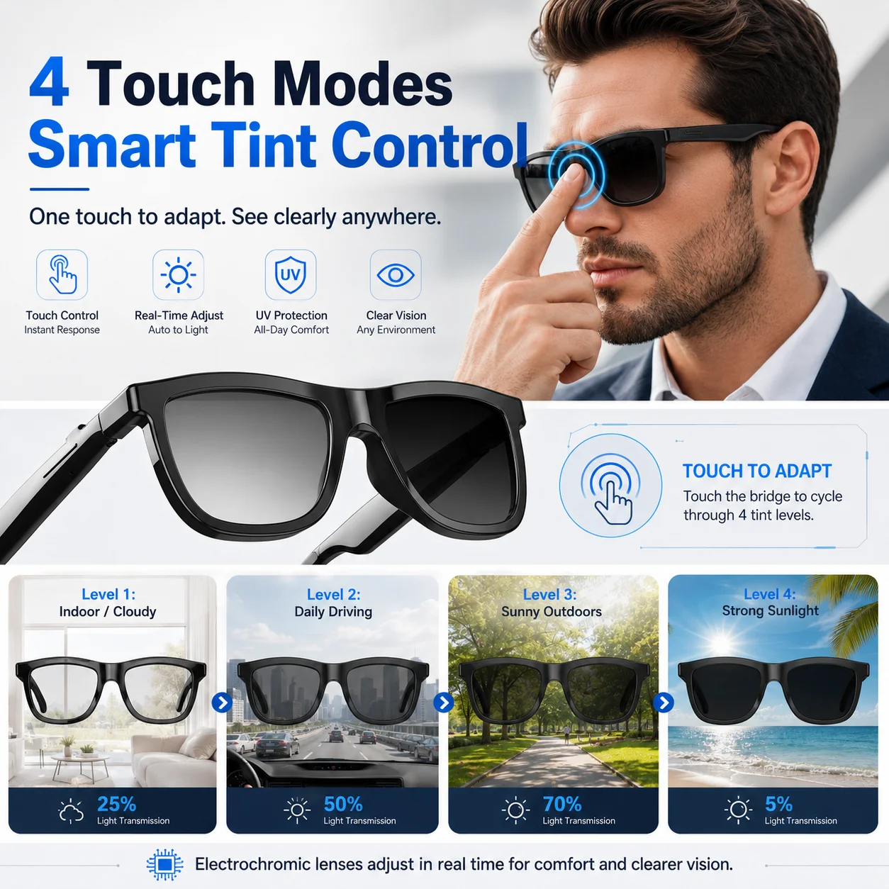 Top1 AI Audio Touch Color-changing Lens Electrochromic Smart Glasses Men&Women AI Translation Dual-mic Call Music Player Glasses