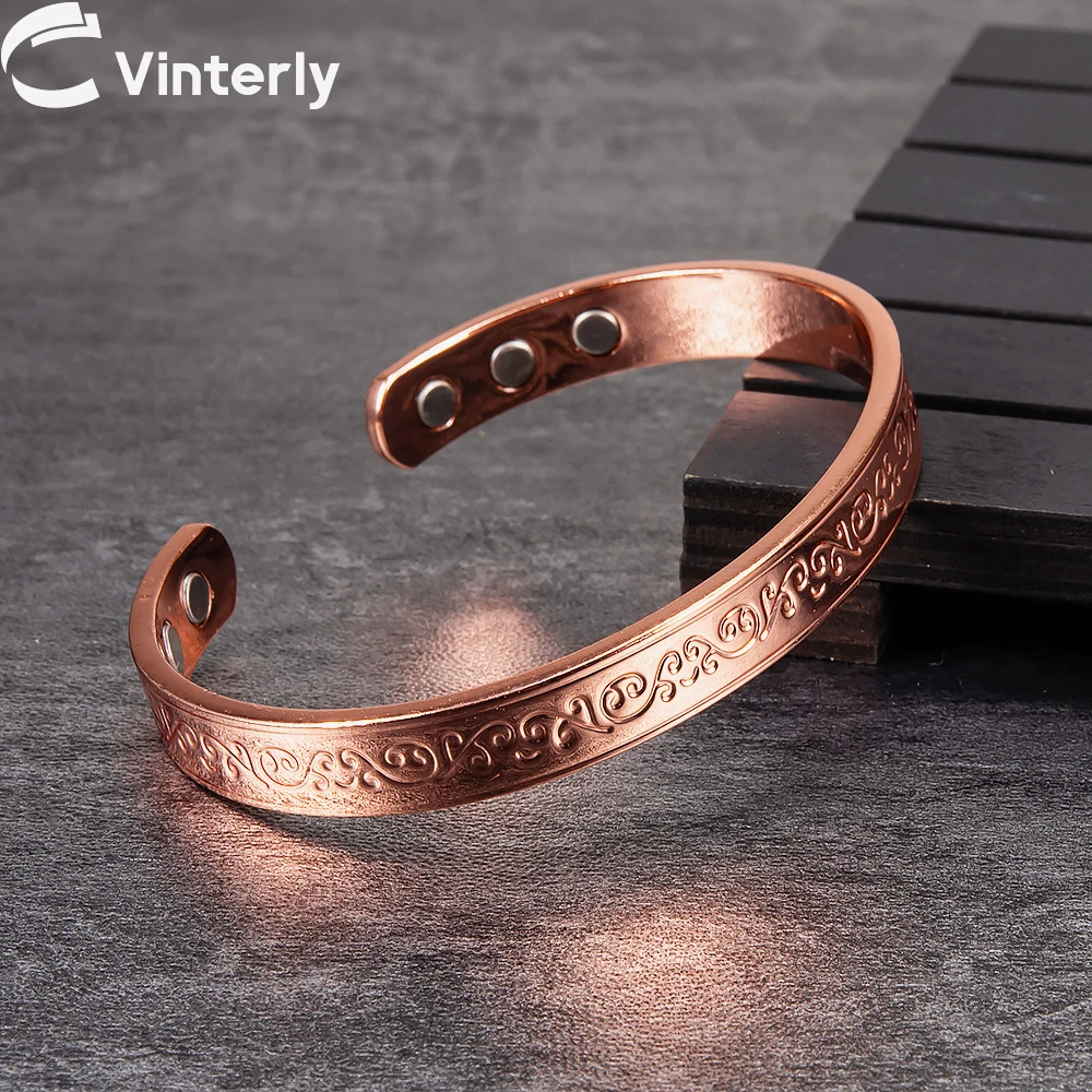 Vinterly Magnetic Bracelets Copper Adjustable Cuff Health Energy Resizable Bangles Flower High Magnet Jewelry for Women 8mm Wide