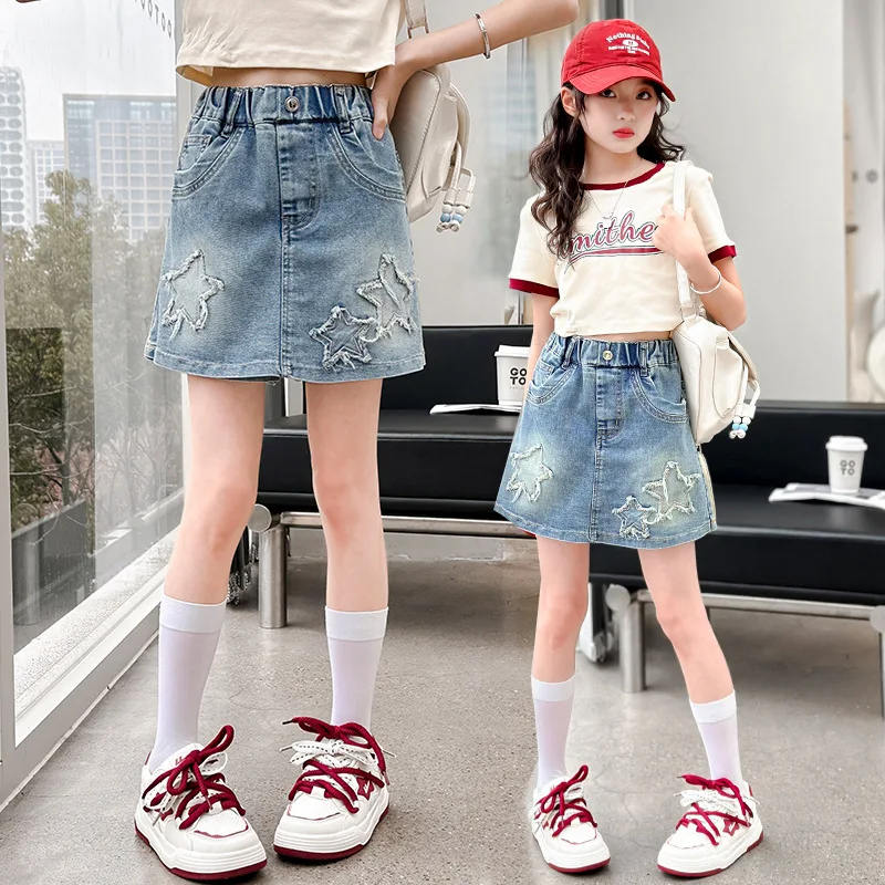 

New Arrivals Kids Cotton Denim Shorts Teen Girls 2025 Summer Mini Skirts Shorts Child Slim Blue Short Jeans Skirt With Star