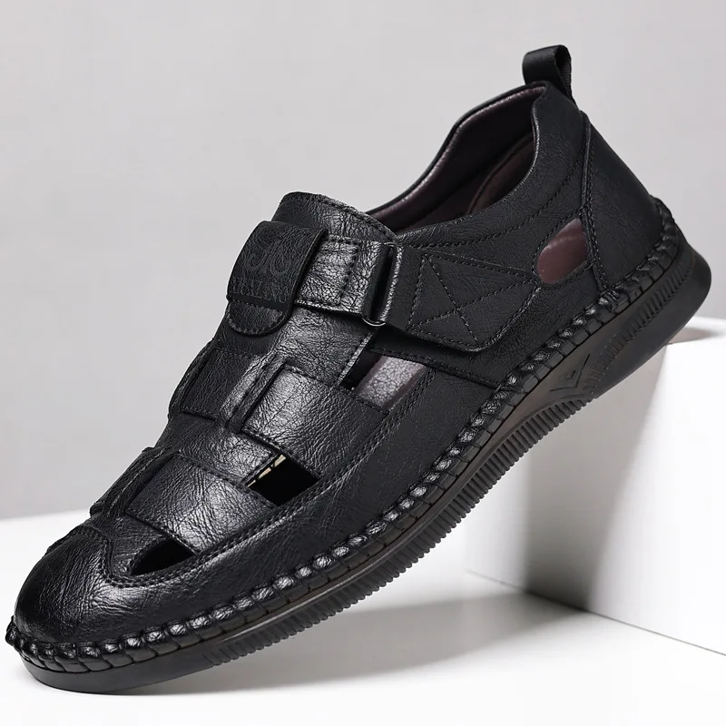 

Men's Summer New Breathable Soft Bottom Leather Sandals Anti-Slip Hollow out Design Comfortable Rubber Sole Adult Slip-On Casual