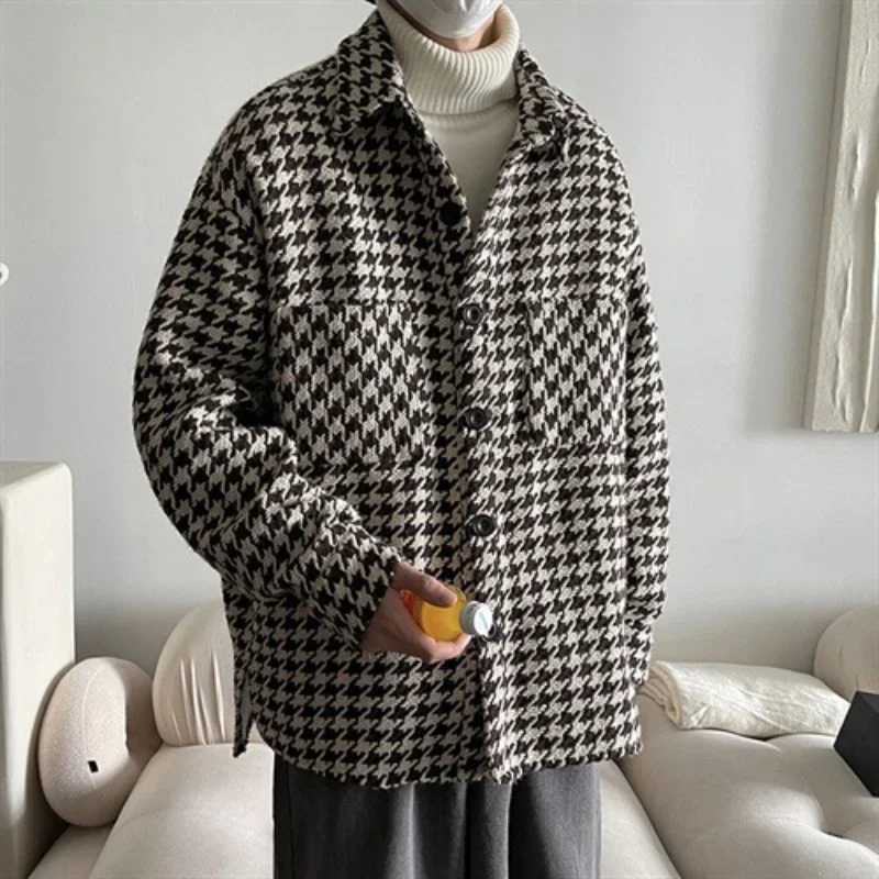 YASUGUOJI 2024 Spring Fashion Houndstooth Casual Jacket Men Streetwear Social Loose Blazers Wedding Business Office Men Clothing