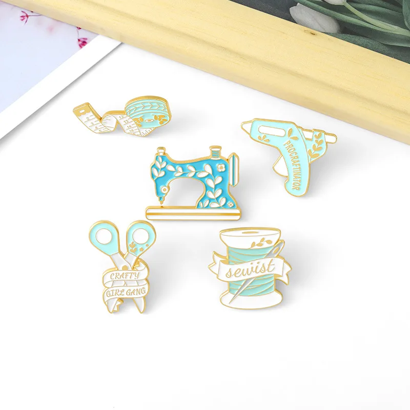 Handcraft Enamel Pins Scissors Sewing Machine Tape Measure Glue Gun Brooch Lapel Badge Bag Cartoon Jewelry Gift for Kid Friend