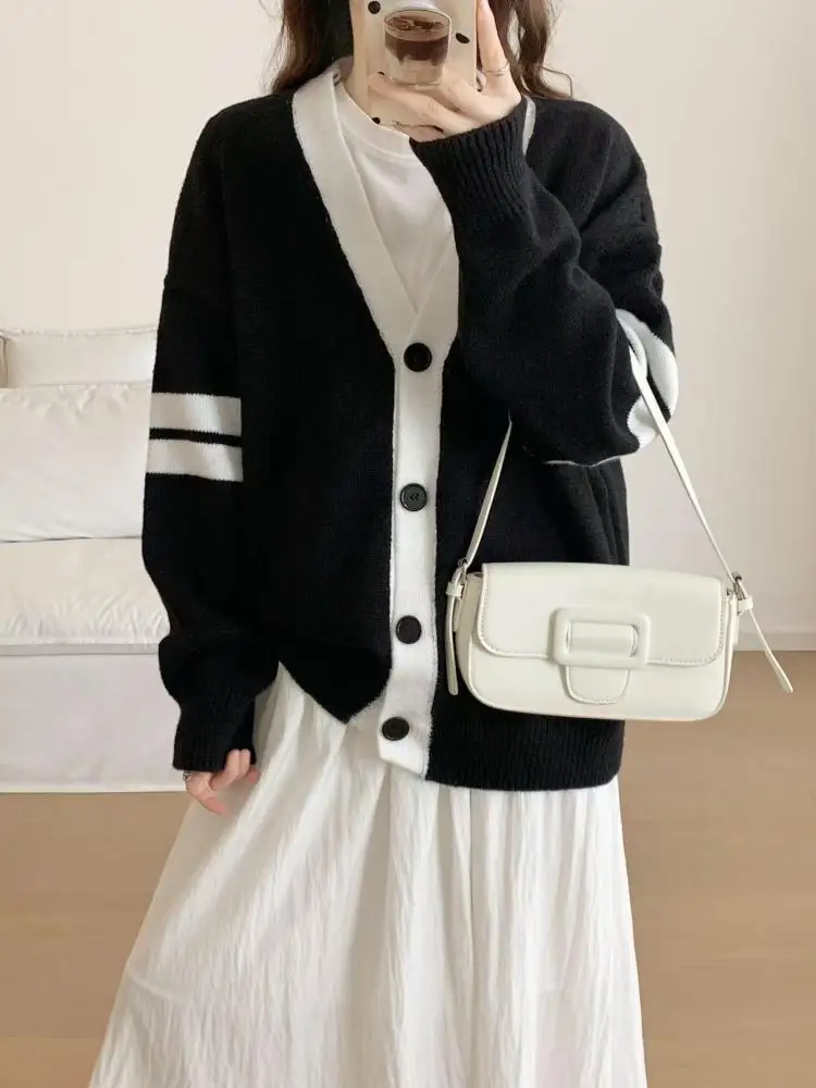 

Осень-зима женский лоскутный вязаный кардиган с длинными рукавами свитер корейская мода с v-образным вырезом однобортные топы для отпуска повседневные