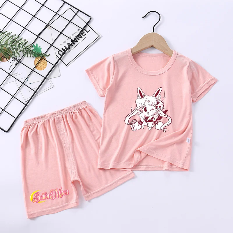 Sailor Moon Pajamas Set Cartoon Girls Summer T-shirt Pants Suit 2pcs Clothes Pink Anime Printed Nighty Comfortable Loungewear