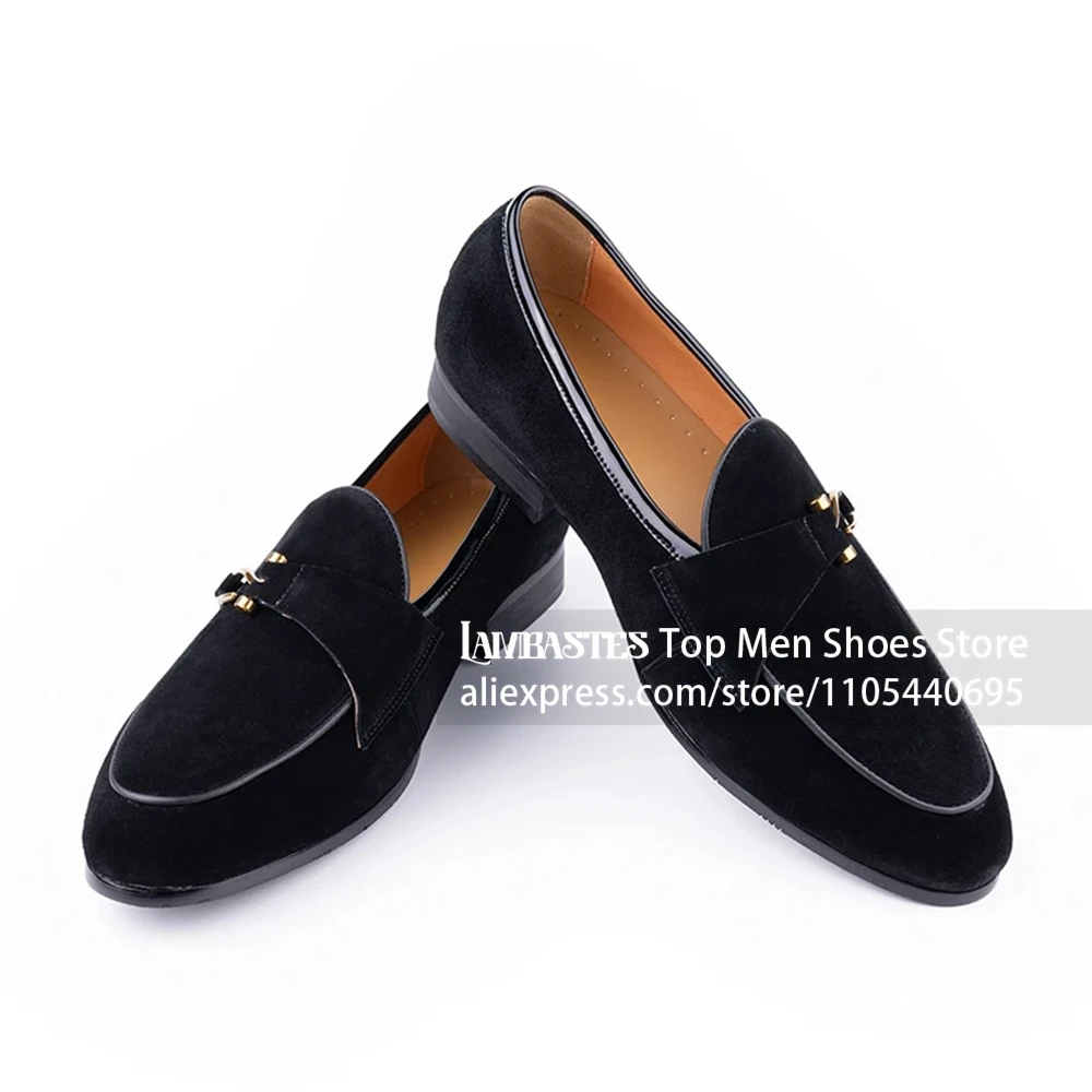 Suede Horsebit Loafers for Men Slip on Velvet Metallic Pin Buckle Casual Dress Loafers Round Toe Genuine Suede Shoes for Wedding
