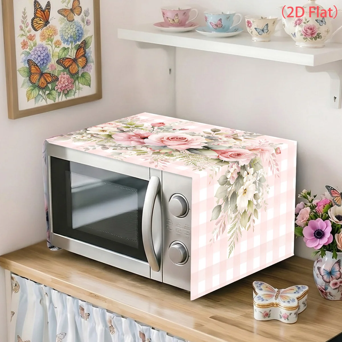 Pink Rose Themed Microwave Dust Cover Appliance Protection for Home Oven Dust Cover Kitchen Countertop Decor Supplies
