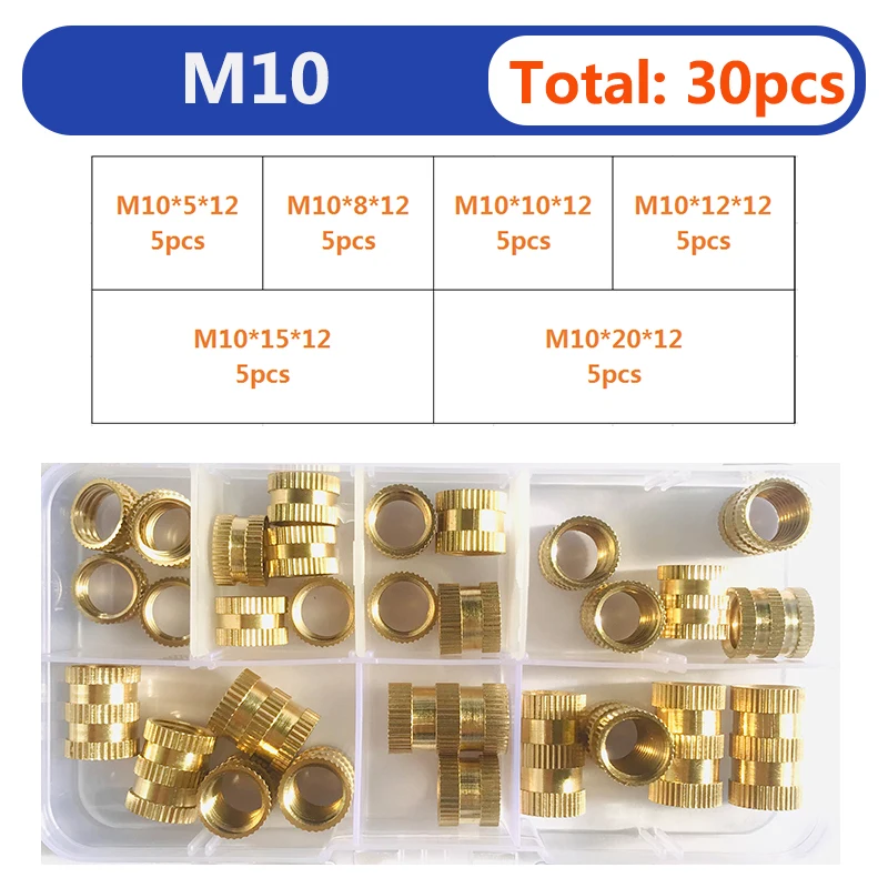 Brass Heat Set Insert Nuts M8 M10 Hot Melt Nut Insert Thread Knurled Double Twill Embedment Copper for 3D Printing Plastic Kit