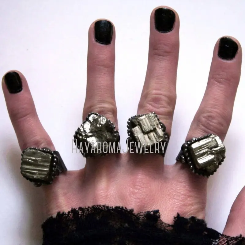 RM43266 Cubic Raw Pyrite Crystal Ring Large   Statement  Halloween