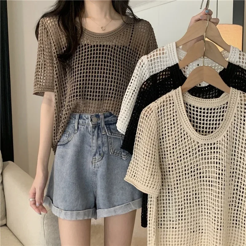 Summer Thin Design Hollow-out Short-Sleeved Sweater Women\'s Clothing Niche Loose All-Matching Classic Style Smock Top Fashion