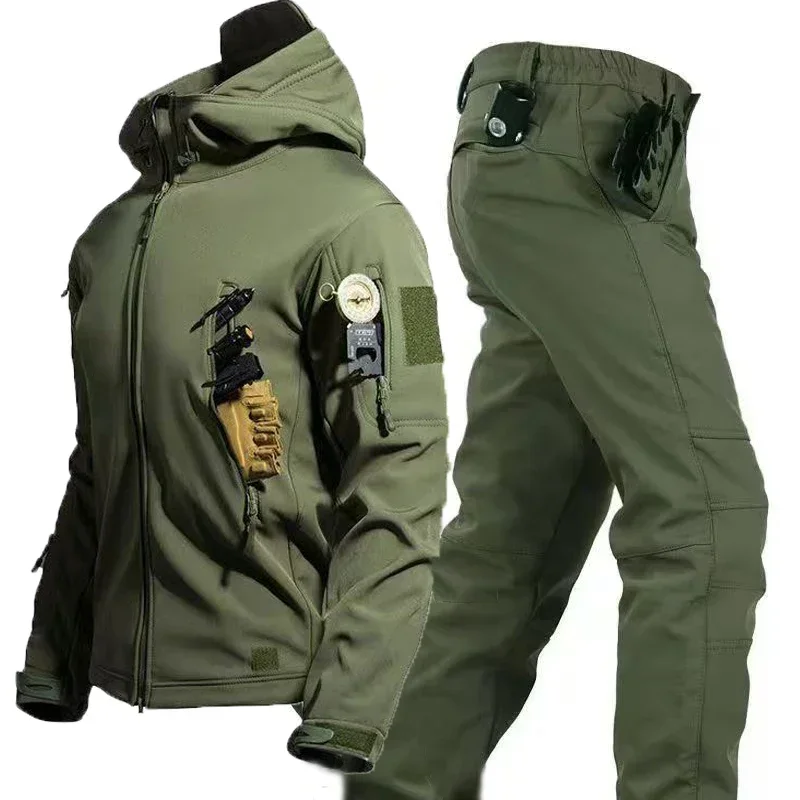 Men Autumn Winter  Tactical Military Tracksuit Set Softshell Jackets Casual Fleece Cargo Pants Hiking Camping Climbing Trousers