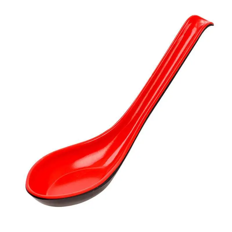 2Pcs Japanese Style Melamine Red Black Soup Spoon Long Handle Simulated Ceramic Ramen Spoon Drop-resistant Heat-resistant*..