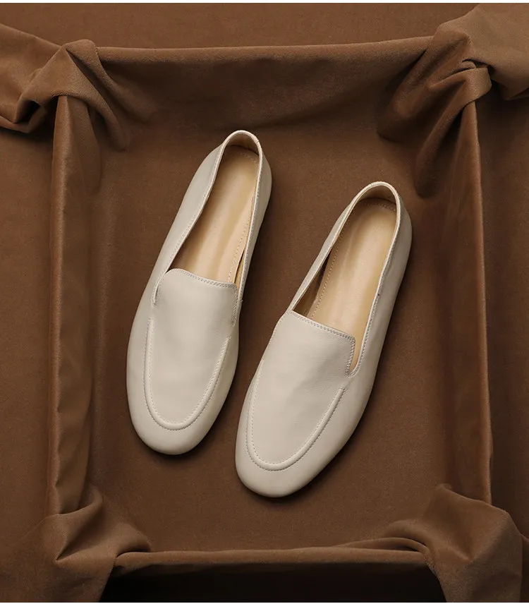 SHOEBOX Korean version comfortable soft leather loafers, British style flat bottomed round toe genuine leather single shoes