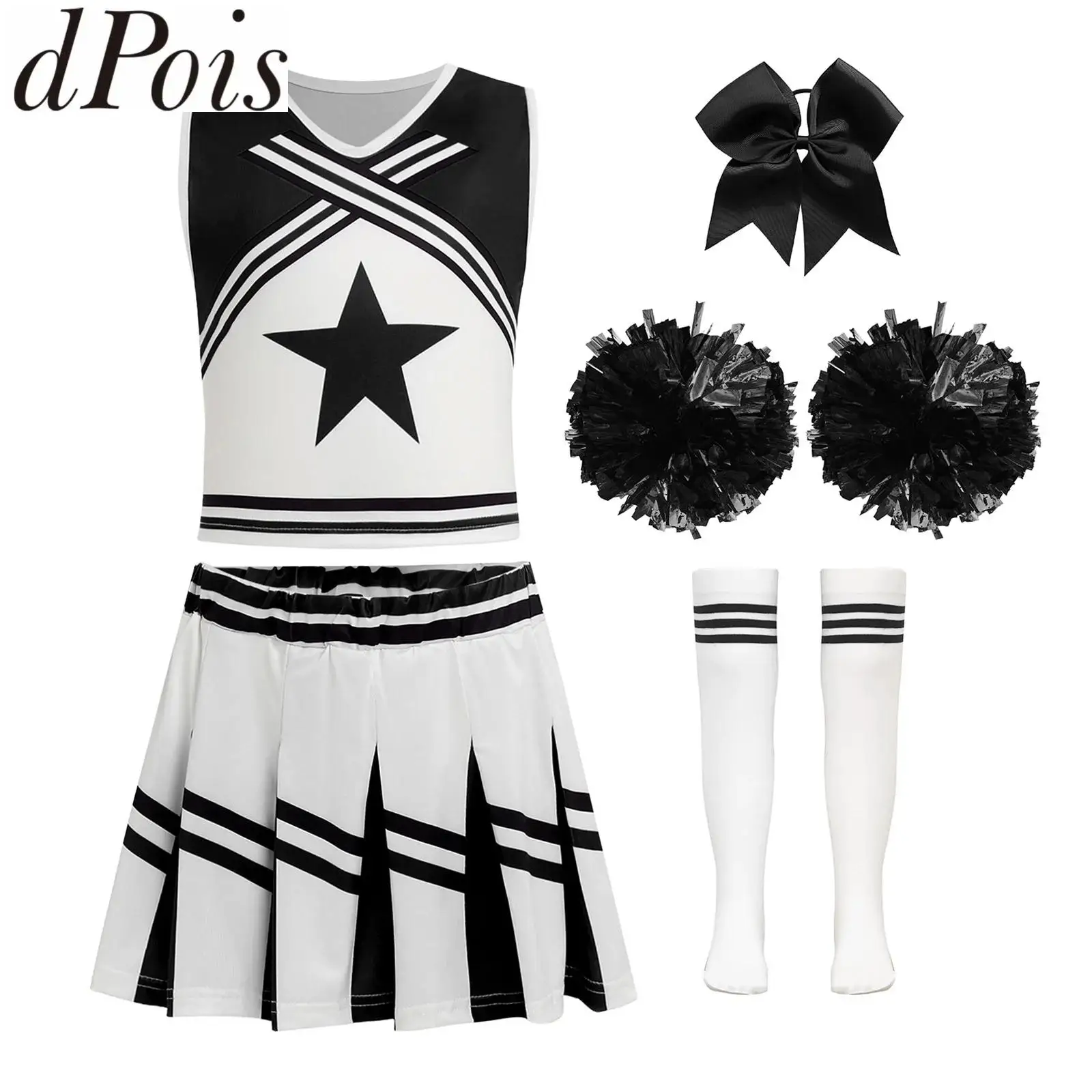 Kids Girls Cheerleader Cheer Leader Outfit Schoolgirl Dance Costume Sleeveless Top with Skirt Hand Flowers Hair Tie Socks Set