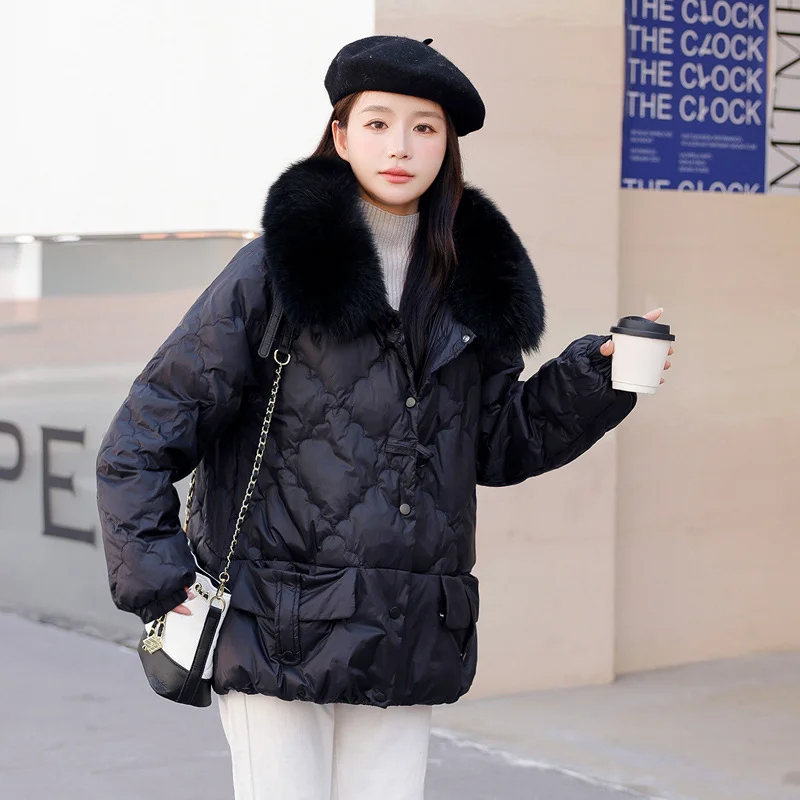 

Women's Down Jacket Winter New Outerwears Large Fox Fur Collar Thick Warm Puffer Coats Luxury Fashion Snow Short Women's Parker