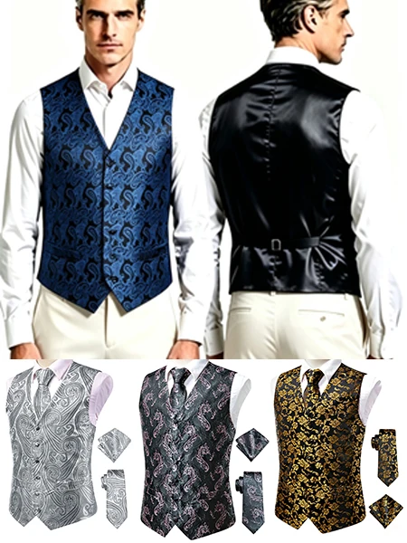 Men's Jacquard Vest 3-Piece Set with Vest, Tie & Pocket Square, Available in Blue、Grey、White、Gold、Black, Purple for Wedding