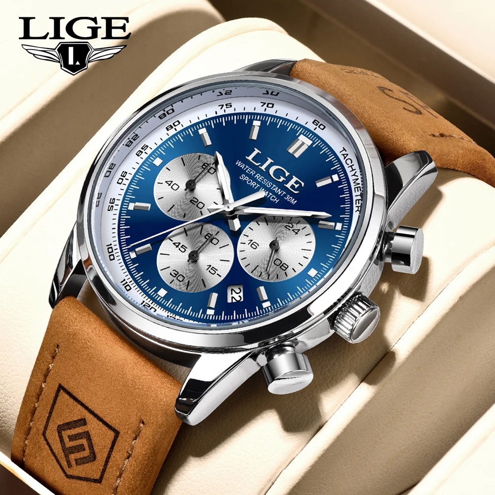 LIGE Men Watch High Quality Luxury Waterproof Chronograph Luminous Men\'s Wristwatch Leather Quartz Watches For Men Casual Clock