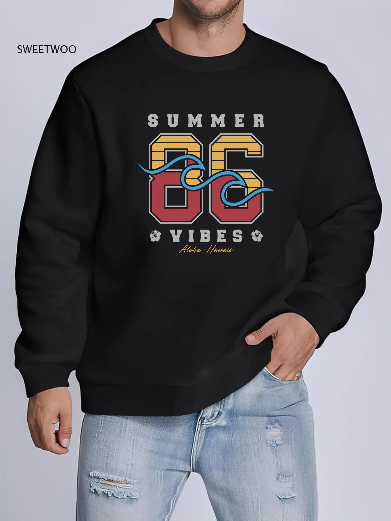 

's Black Retro 80S Surf Style Sweatshirt - Summer Vibes 80 & Wave Graphic Pullover, Vintage Surfing Sweater Hoodie (No Hood)