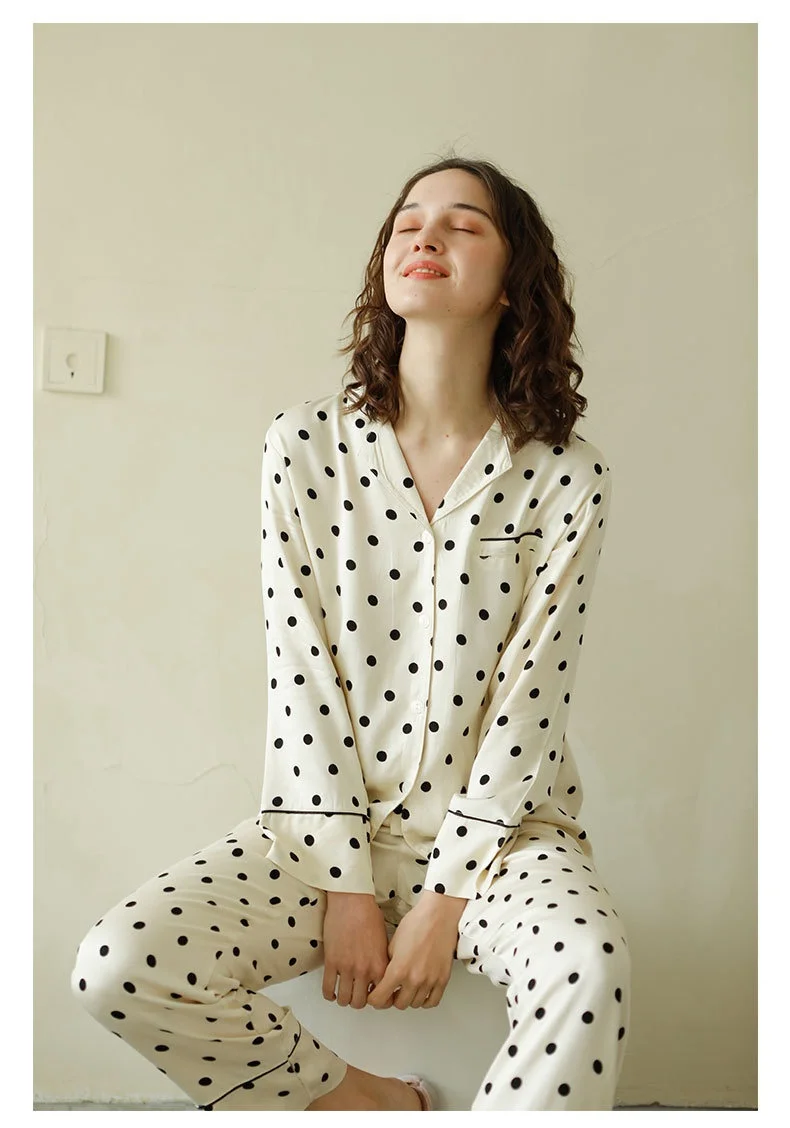 

Rayon Satin Pajama Set with Yellow Background & Polka Dots, Collared, Casual Loungewear