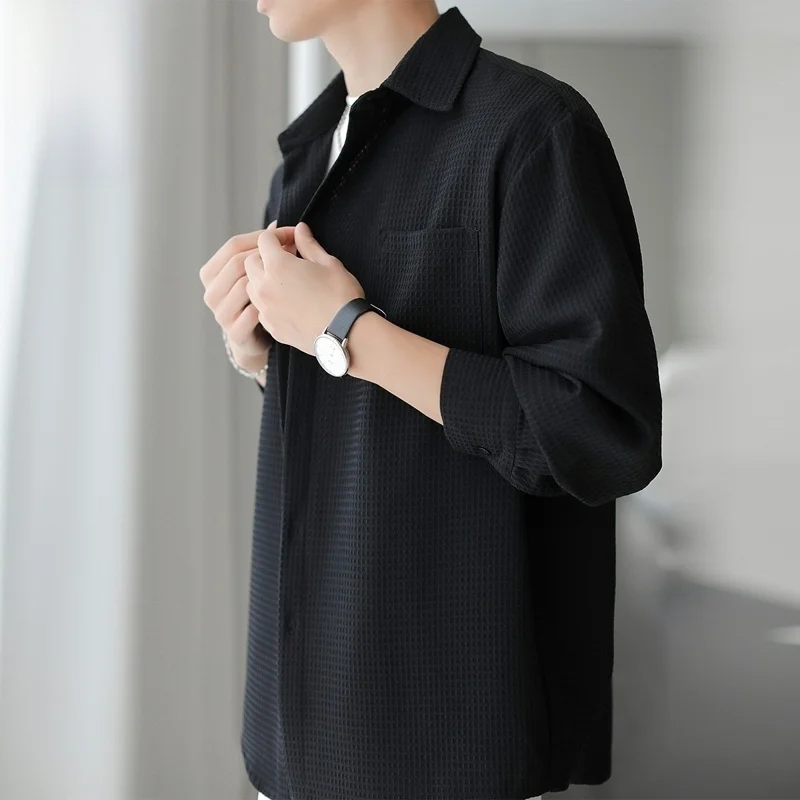 

Long Sve irt Men's Spring Casual Loose Bla irt Youth Trendy Button down Polyester Fiber Regular Fit Spring 2024