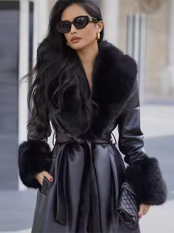 Lace up Patchwork Fur Long Jacket Woman Solid Color Long Sleeves Straight Coat Luxurious Elegant Women's New Warm Winter Jackets