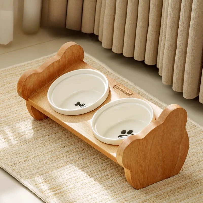 

Pet Cat and Dog Double Bowls Ceramic Bowl Bamboo Table Into Cat Non-slip Double Bowl Dog Cat Pet Supplies