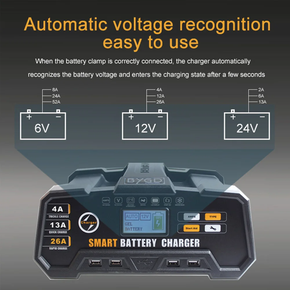 BYGD Charger Battery Car 12V 24V 26A LCD Smart Charger Car Battery Charger 12V Fully Automatic Fast Car Charger Lithium Battery