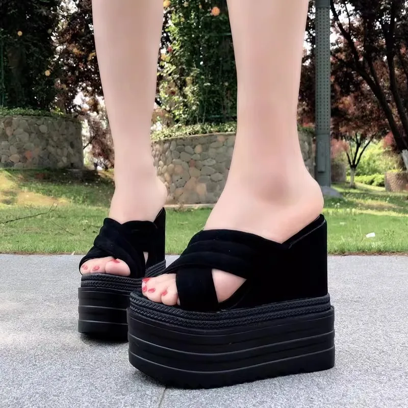 

XMWRLW 2026 Summer Women's Leather Slippers Beach Shoes Fashion High Heels 13cm Non Slip Female Summer Slippers Platform Shoes