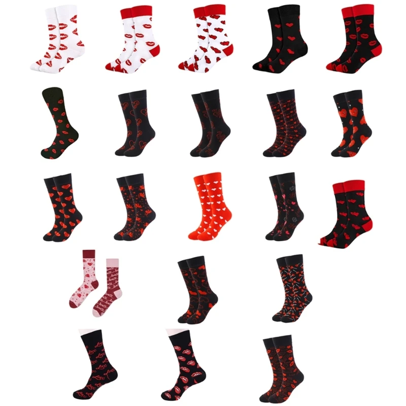 Unisex Couples Cotton Middle Calf Socks with Heart Lips Pattern Sweet Valentines Day Gift Novelty Fun Socks Hosiery